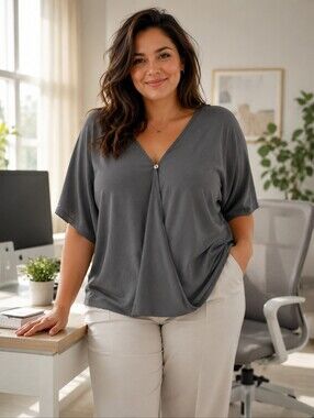 Chic Draped Gray Blouse – Size 2X